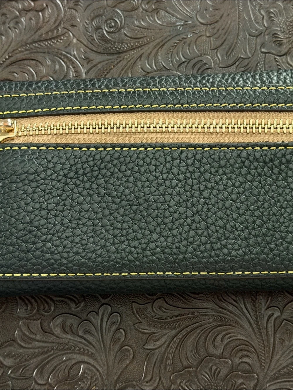 Dooney & Bourke Black Pebbled Leather Wallet with Brown Trim Patch
